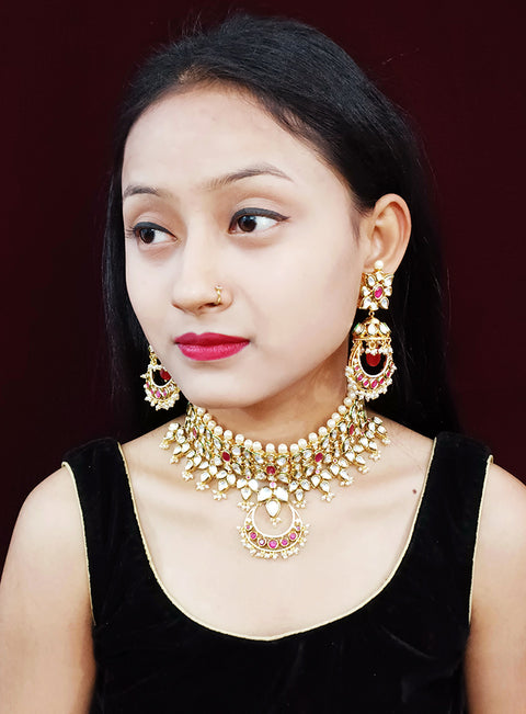 Designer Gold Plated Multi Layer Royal Kundan & Ruby Necklace with Earrings (D262)