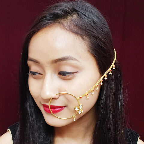 Gold Plated Royal Kundan Studded Nose Ring with Chain - NATH (Design 11)