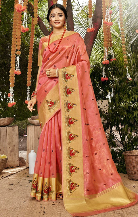 Designer Golden/Pink Organza Printed Saree for Casual Wear (D456)