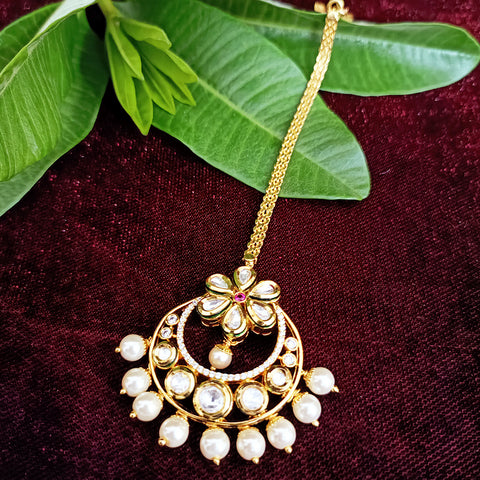 Designer Gold Plated Royal Kundan & Pearl Mangtikka for Bridal (D23)