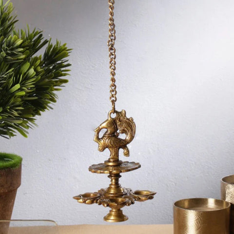 Handmade Peacock Design 4 Oil Wick Brass Hanging Diya, Temple Decor, Home Decor Oil Diya Lamp, Indian Handicraft Diya, Handmade Lamp (Design 47)