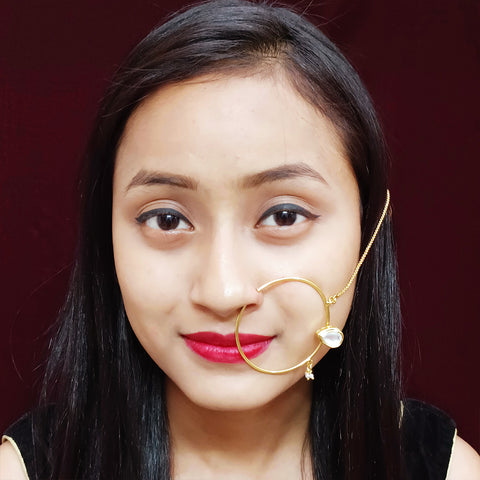 Gold Plated Royal Kundan Studded Nose Ring with Chain - NATH (Design 14)