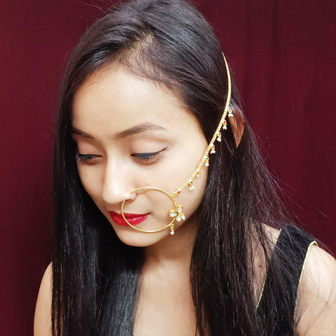 Gold Plated Royal Kundan Studded Nose Ring with Chain - NATH (Design 12)