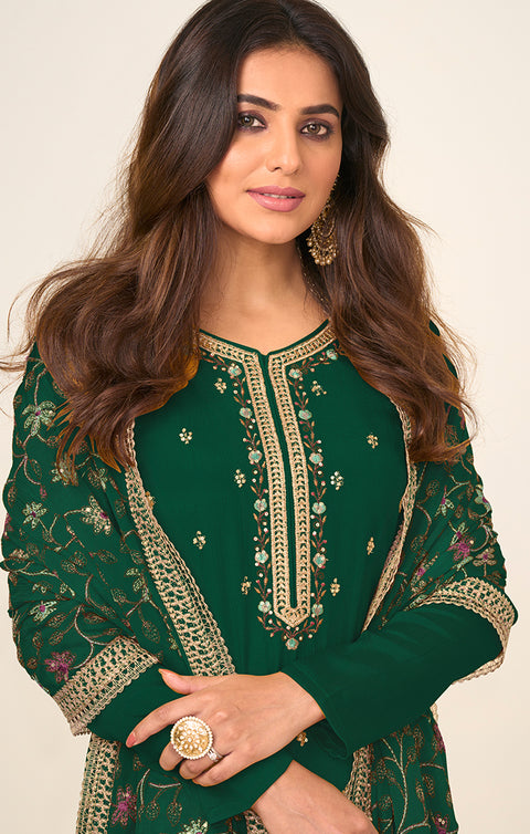 Designer Green Color Suit with Pant & Dupatta in Chinnon (K740)