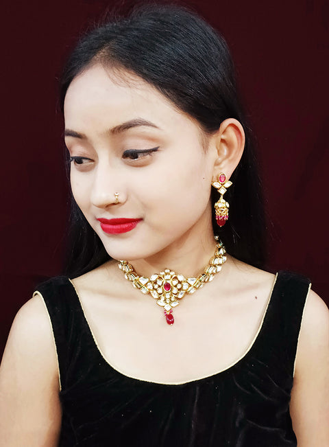 Designer Gold Plated Multi Layer Royal Kundan & Ruby Necklace with Earrings (D254)