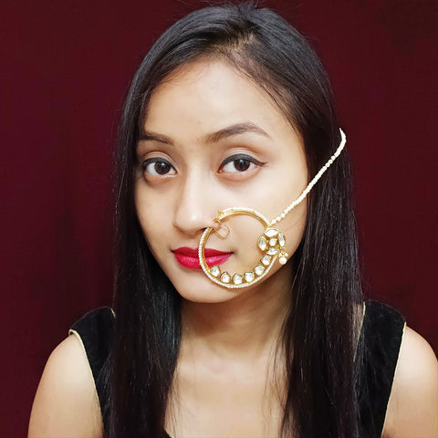 Gold Plated Royal Kundan Studded Nose Ring with Chain - NATH (Design 18)