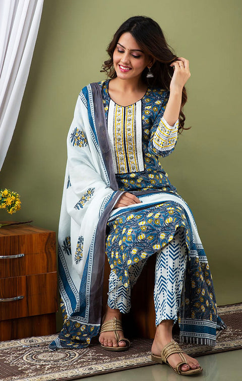 Appealing Blue Designer Kurti, Pant with Dupatta For Ethnic Wear (K329) - PAAIE