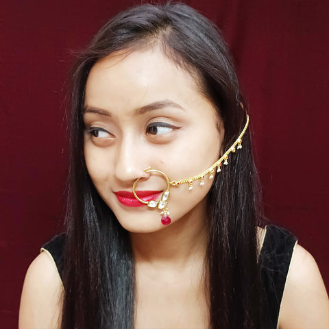 Gold Plated Royal Kundan Studded Nose Ring with Chain - NATH (Design 5)