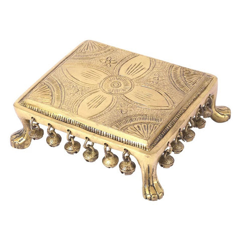 Brass Carving Design Chowki with Bells, Brass Pooja Chowki for Home Temple, Brass Pooja Chowki for God Idols (Design 45)