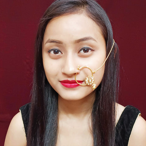 Gold Plated Royal Kundan Studded Nose Ring with Chain - NATH (Design 8)