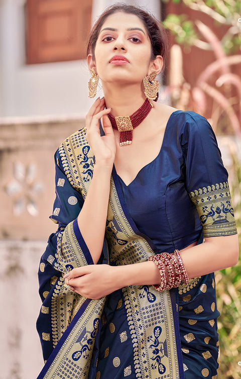 Gorgeous Navy Blue Color Party Wear Soft Banarasi Silk Designer Saree