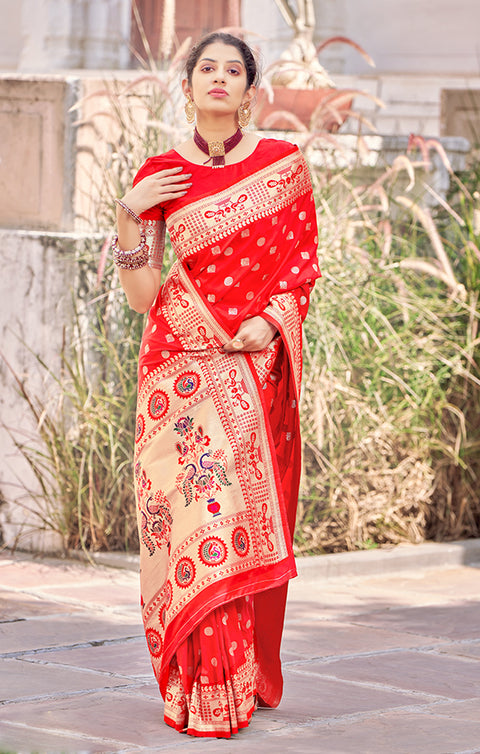 Vibrant Red Color Party Wear Soft Banarasi Silk Designer Saree