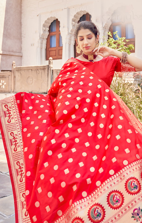 Vibrant Red Color Party Wear Soft Banarasi Silk Designer Saree
