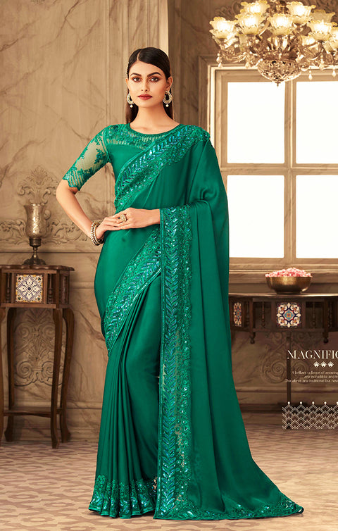 Designer Green Silk Georgette Saree with Sequins Embroidery & Handwork Butta Work