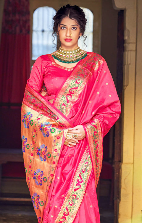 Gorgeous Pink Color Party Wear Maharani Paithani Designer Saree