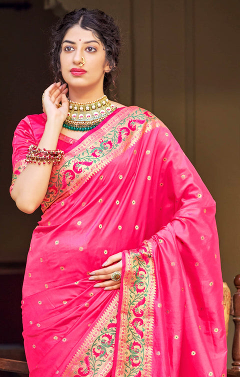Gorgeous Pink Color Party Wear Maharani Paithani Designer Saree