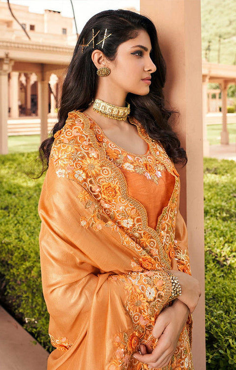 Vibrant Orange Color Party Wear Threadwork Net Designer Saree