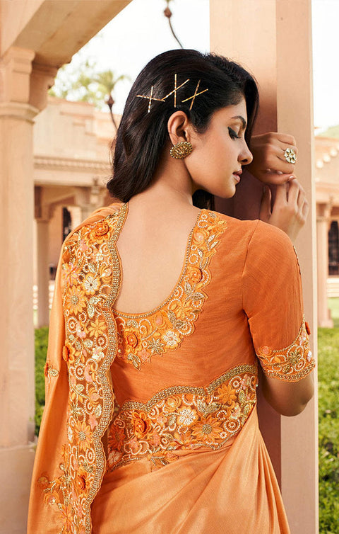 Vibrant Orange Color Party Wear Threadwork Net Designer Saree