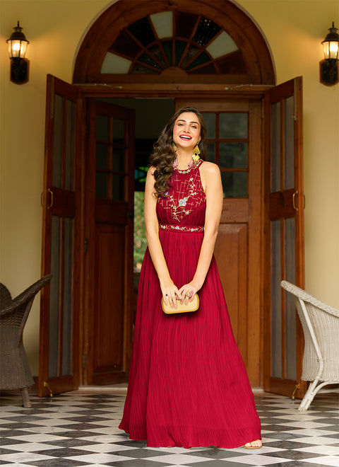 Beautiful Wine Red Georgette Embellished Indo Western Maxi Gown (K792)