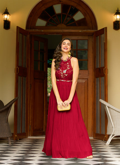 Beautiful Wine Red Georgette Embellished Indo Western Maxi Gown (K792)