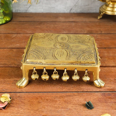 Brass Carving Design Chowki with Bells, Brass Pooja Chowki for Home Temple, Brass Pooja Chowki for God Idols (Design 45)