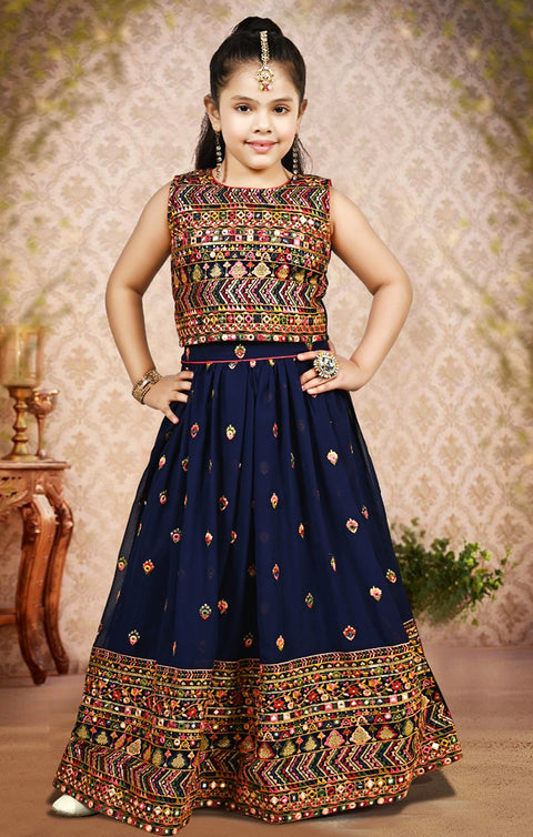 Lehenga in Blue/Gold Color with Mirror & Embroidery Work