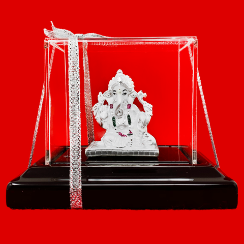999 Pure Silver Ganesha Idol with Garland in Rectangular Base - PAAIE