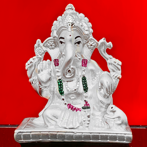 999 Pure Silver Ganesha Idol with Garland in Rectangular Base - PAAIE
