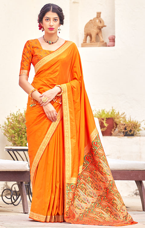 Vibrant Orange Color Party Wear Soft Banarasi Silk Designer Saree
