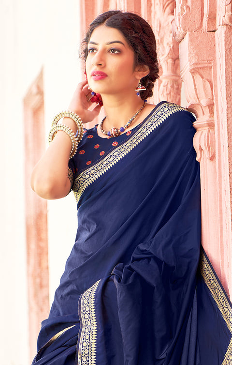 Splendid Navy Blue Color Party Wear Soft Banarasi Silk Designer Saree