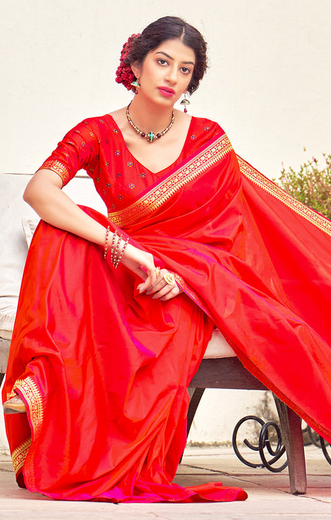 Beautiful Red Color Party Wear Soft Banarasi Silk Designer Saree