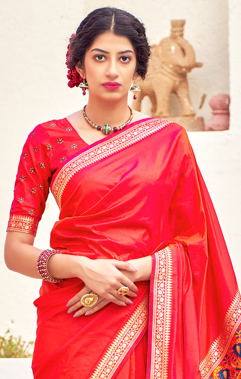 Beautiful Red Color Party Wear Soft Banarasi Silk Designer Saree