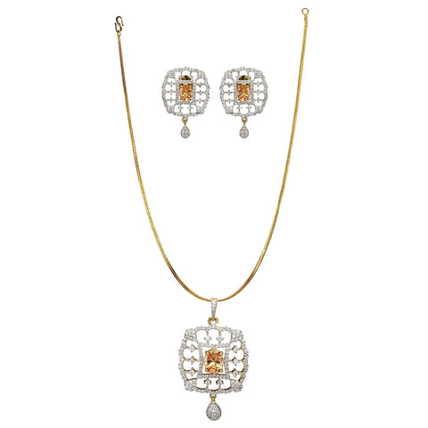 American Diamond 22k Gold Plated CZ Pendant Set with Earrings