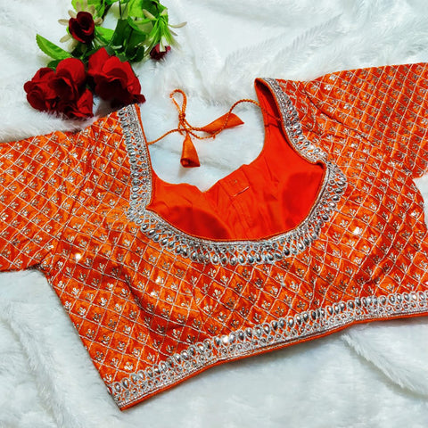 Trendy Orange Color Designer Silk Embroidered Blouse For Wedding & Party Wear (Design 173) - PAAIE