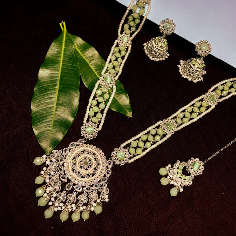 Designer Gold Plated Royal Kundan & Light Green Color Long Necklace Earrings With Mangtikka (D722)