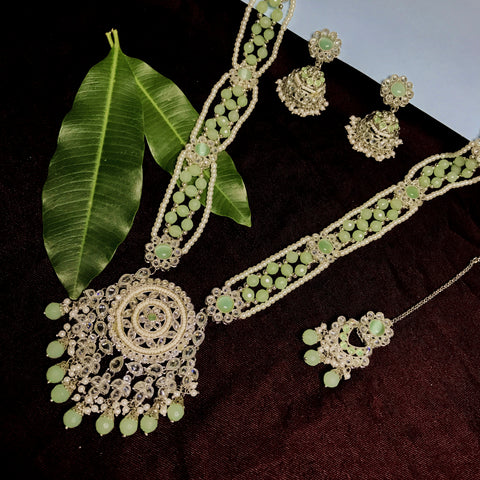 Designer Gold Plated Royal Kundan & Light Green Color Long Necklace Earrings With Mangtikka (D722)