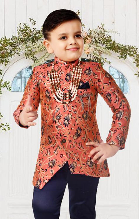 Boys' Sherwani & Pant in Peach/Navy Color for Party Wear