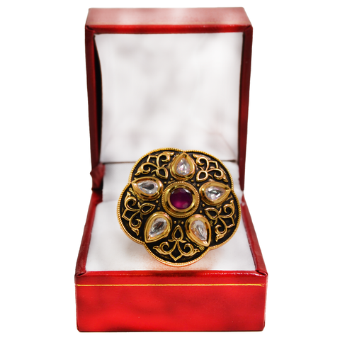 Large Black Kundan Adjustable Ring - PAAIE