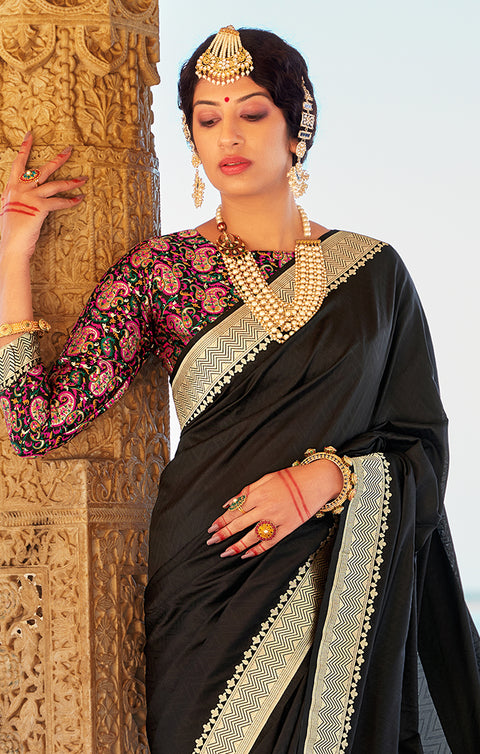 Designer Black / Gold Silk Banarasi Saree with Zari Work for Party Wear