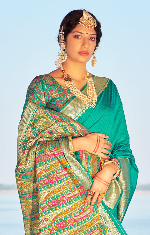 Designer Teal Green / Gold Silk Banarasi Saree with Zari Work for Party Wear