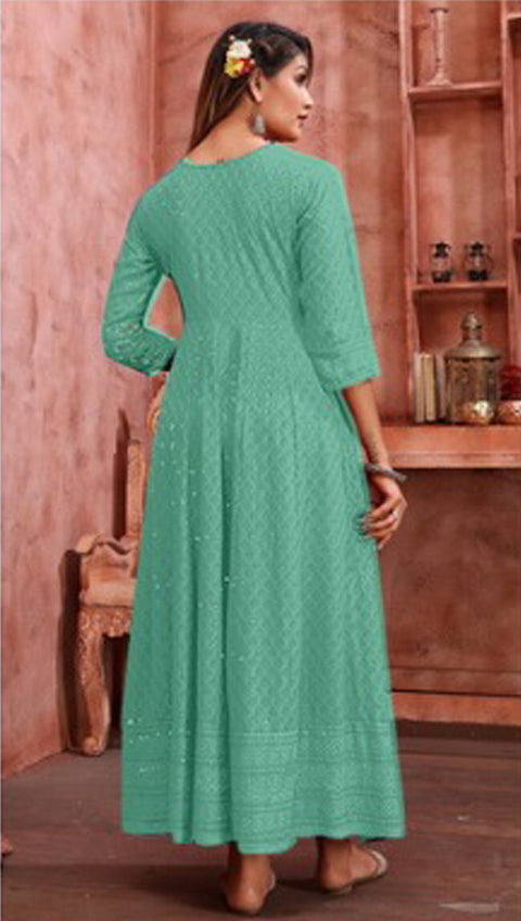 Tea Green Anarkali Style Kurti With Embroidery Work For Casual & Party Wear (K770)