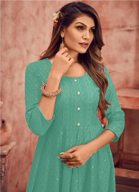 Tea Green Anarkali Style Kurti With Embroidery Work For Casual & Party Wear (K770)