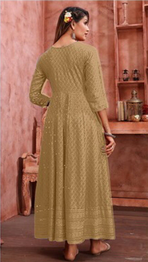 Beige Anarkali Style Kurti With Embroidery Work For Casual & Party Wear (K775)