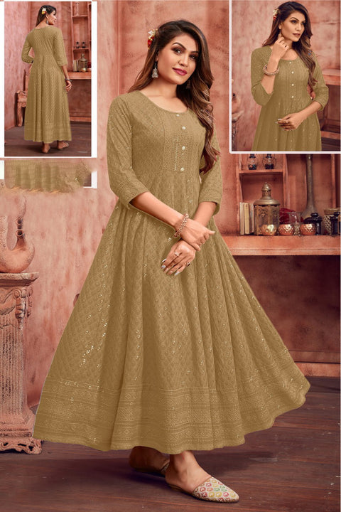 Beige Anarkali Style Kurti With Embroidery Work For Casual & Party Wear (K775)