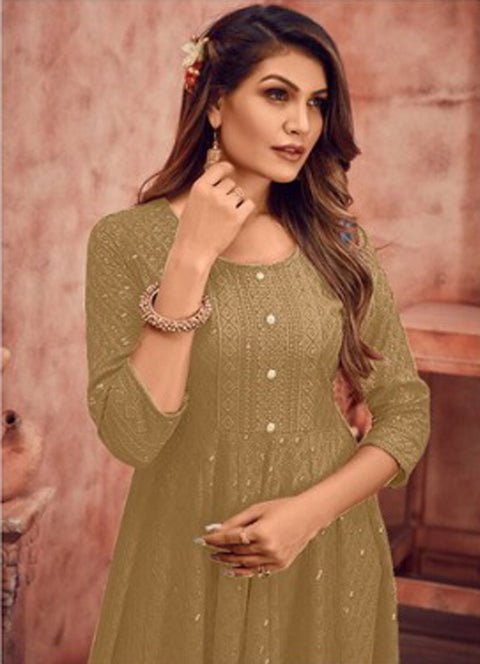 Beige Anarkali Style Kurti With Embroidery Work For Casual & Party Wear (K775)