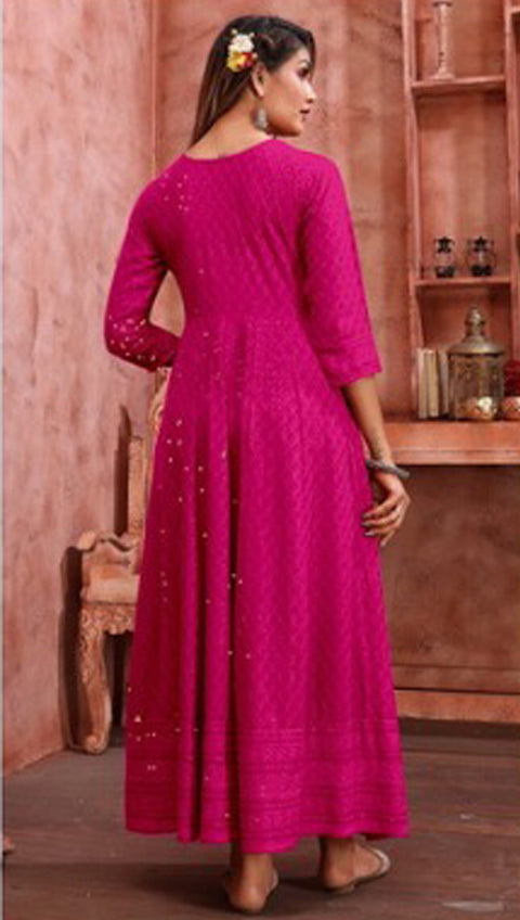 Magenta Anarkali Style Kurti With Embroidery Work For Casual & Party Wear (K777)