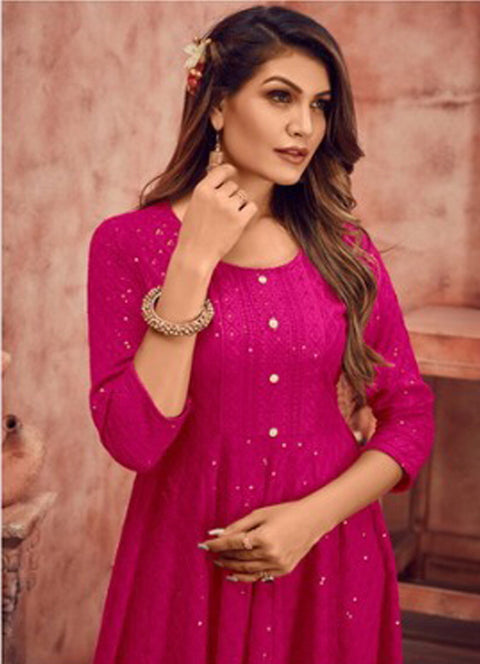 Magenta Anarkali Style Kurti With Embroidery Work For Casual & Party Wear (K777)
