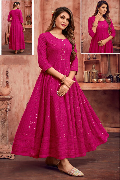 Magenta Anarkali Style Kurti With Embroidery Work For Casual & Party Wear (K777)