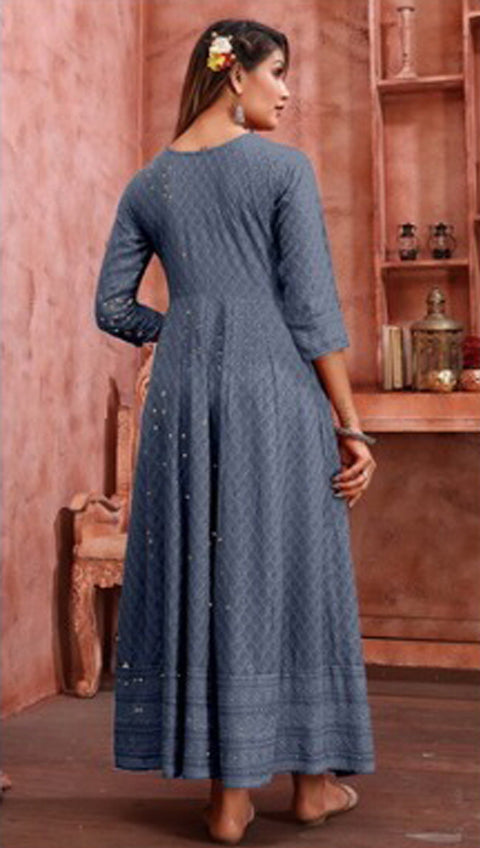 Grey Anarkali Style Kurti With Embroidery Work For Casual & Party Wear (K780)