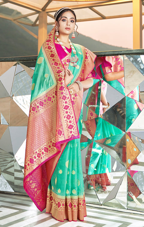 Designer Green / Magenta Silk Banarasi Saree with Zari Work for Party Wear
